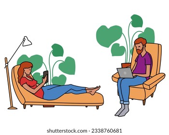 A man sits on a soft chair and surfs the Internet through a laptop. A woman is lying on a sofa and watching content through a smartphone. Vector graphic illustration.