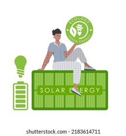 A man sits on a solar panel and holds the ECO logo in his hands. The concept of green energy and ecology. Isolated on white background. Fashionable, trendy style. Vector.