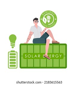 A man sits on a solar panel and holds the ECO logo in his hands. The concept of green energy and ecology. Isolated on white background. Vector trend illustration.