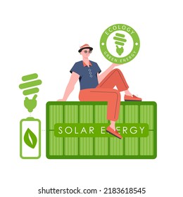 A man sits on a solar panel and holds the ECO logo in his hands. The concept of ecology and green energy. Isolated on white background. Fashionable, trendy style. Vector.