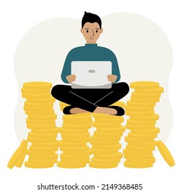 A man sits on a stack of gold coins and uses a laptop. A man works in a pile of coins. Vector flat illustration