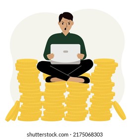 A man sits on a stack of gold coins and uses a laptop. A man works in a pile of coins. Vector flat illustration