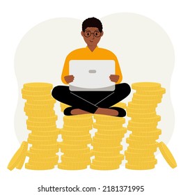 A man sits on a stack of gold coins and uses a laptop. A man works in a pile of coins. Vector flat illustration