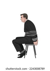 Un hombre se sienta en un pie y una mano atados a un taburete