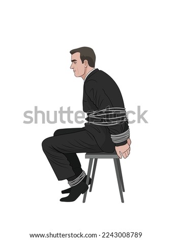 A man sits on a stool bound hand and foot