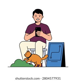 A man sits on a stool using his smart phone while an orange cat with a tracking collar explores nearby bushes beside a tech signboard, suggesting modern pet care. Flat vector modern illustration