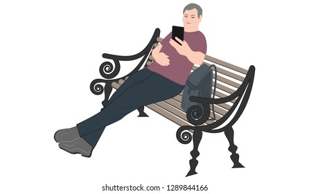 A man sits on a street bench and makes selfie - flat style - on white background - vector