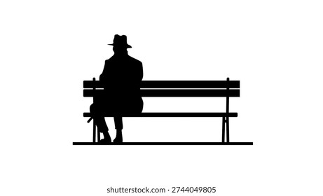 A man sits on a street bench ,black isolated silhouette