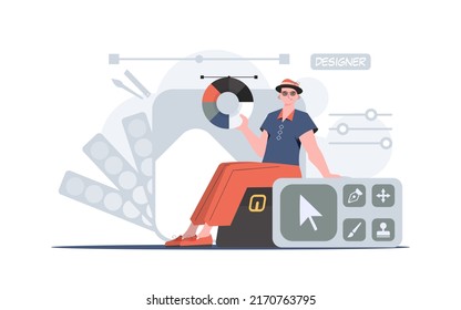 A man sits on a suitcase with a color wheel in his hands and a design panel. Design. Element for presentation. Vector illustration