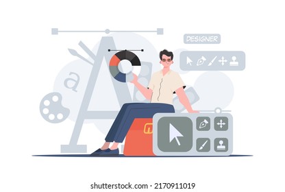 A man sits on a suitcase and holds a color palette. Design. Element for presentation. Vector illustration