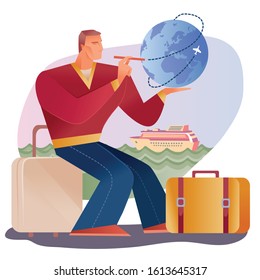 a man sits on a suitcase and makes up his travel route on the globe, behind him is a background with a ship ,, anticipation, surprise, rest, plan,