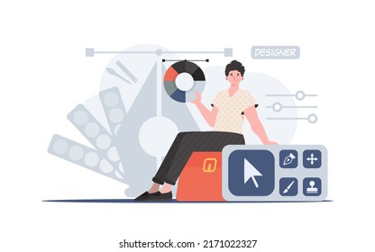A man sits on a suitcase next to a designer panel. Design. Element for presentation. Vector illustration