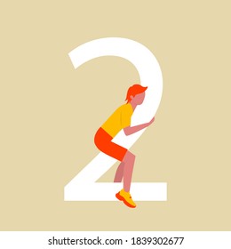 A man sits on top of a large number two.  A flat cartoon character with number 2. Vector illustration. Eps 10
