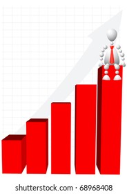 Man sits on top of red diagram. Abstract 3d-human series from balls. Variant of white isolated on white background. A fully editable vector illustration for your design.