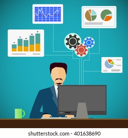 Man sits on the workplace at the computer. Financial and statistical graphs and charts. Flat graphic. Stock vector illustration.