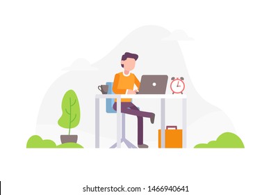 A man sits on workplace at the office, vector flat illustration.