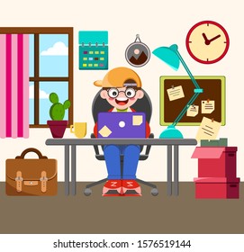A man sits on the workplace at the office. Vector illustration in a flat style