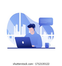 A man sits on the workplace at the office. Vector illustration in a flat style