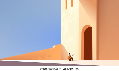 A man sits peacefully at the base of a sunlit Mediterranean-style cathedral, playing a guitar under a clear blue sky.