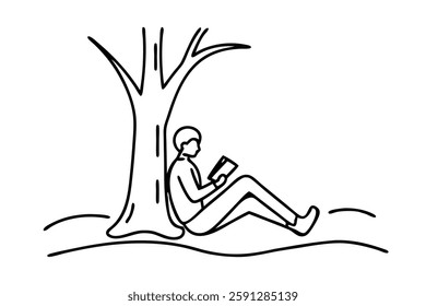 Man sits peacefully under a tree, engrossed in reading a book Hand drawn line art flat vector illustration on white background
