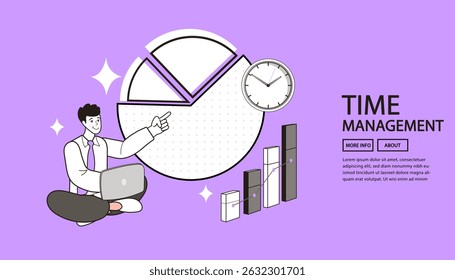 A man sits pointing at a graph and a clock. Time management outline. Man in office points out a spot on a graph. vector illustration of hours and schedules to improve company performance.