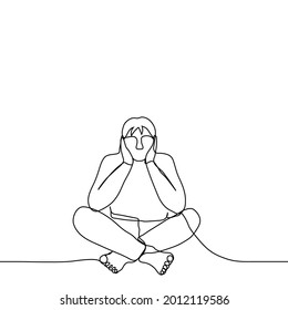 man sits in a pose in Turkish, his elbows rest on the knees, palms propping up his head - one line drawing. conception of the thoughtfulness, laziness, procrastination, frustration 