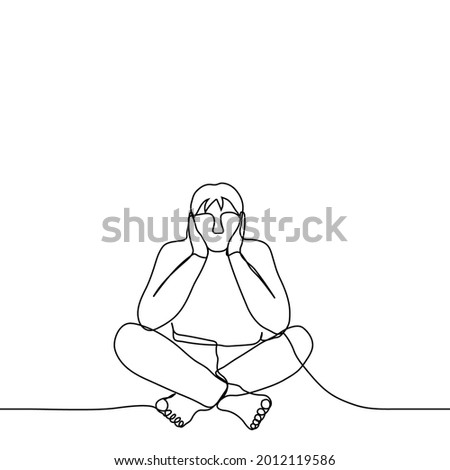 man sits in a pose in Turkish, his elbows rest on the knees, palms propping up his head - one line drawing. conception of the thoughtfulness, laziness, procrastination, frustration 