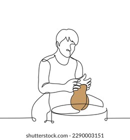 man sits at a potter's wheel sculpts a vase - one line drawing vector. the concept of pottery