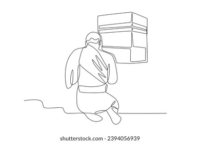 A man sits praying in front of the Kaaba. Hajj one-line drawing