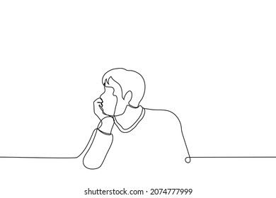 man sits in profile and looks dreamily into the distance - one line drawing vector. man rests his chin and thinks about something, day dreaming