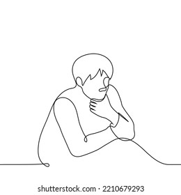man sits propping his chin with his hand, isometric view - one line drawing vector. concept of reflection