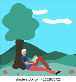 A man sits reading a book in a park near a tree. Summer vacation Lifestyle. Flat cartoon vector illustration, poster and banner.