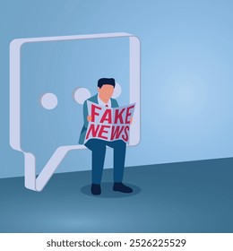 A man sits reading a newspaper with fake news written on it in front of a chat bubble, an illustration for fake news, hoax, illegal reports, misinformation.