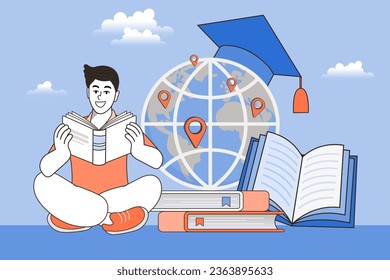 A man sits and reads a book near a pile of large books and a globe in a graduation cap. concept of global education, study abroad, international schools. world book day. Study at university. Vector