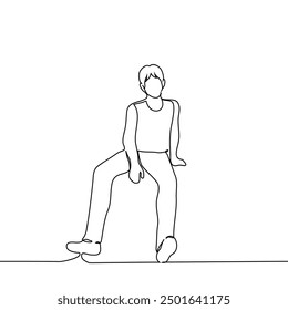 man sits relaxed, legs wide apart, at full height - one line art vector. concept manspreading, resting, laziness. Handmade vector not AI