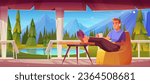 Man sits relaxing and drinking tea on terrace near mountain landscape. Cartoon vector illustration of male character on patio. Summer vacation in nature near lake, rocky hills and trees in forest.