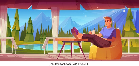 Man sits relaxing and drinking tea on terrace near mountain landscape. Cartoon vector illustration of male character on patio. Summer vacation in nature near lake, rocky hills and trees in forest.