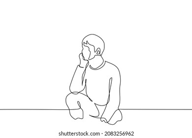 man sits resting elbow on hip and looks into distance from left - one line drawing vector. concept of passive observation, contemplation, admiration, observation, procrastination, idleness