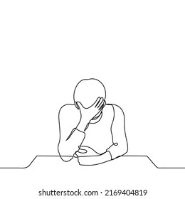 man sits resting his elbow the table and his head down   leaning his forehead his hand    one line drawing vector  concept fatigue  headache  overwork  migraine  facepalm  cringe  despair