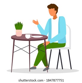 Man sits at round table in the loft style, white modern chair, rounded silhouette, potted miniature plant, white plate and cup. Stylish living room or kitchen interior. stay at home, relax. Flat image