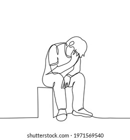 man sits sad with a hand at his face and a bowed head - one line drawing. the concept of frustration, grief, depression, powerlessness, discouragement, despair