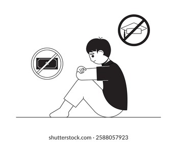 A man sits sadly because he cannot continue his education due to financial constraints, black and white outline style, social issues vector illustration.