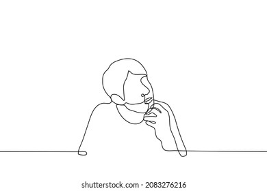man sits and scratches chin in thought - one line drawing vector. concept of thinking, coming up, brainstorming 
