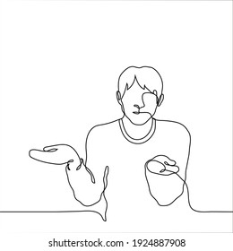 man sits and spread his arms to the side of his emotion - confusion, ignorance, misunderstanding of the situation or surprise - one line drawing.