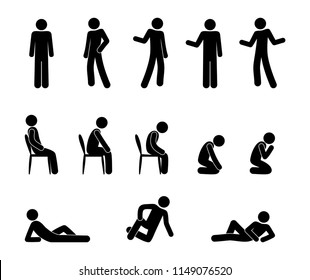 man sits, stands, lies, stick figure isolated vector pictograms, set of silhouettes, simple people symbol, human figure