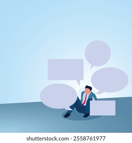 A man sits surrounded by chat bubbles. Illustration for bullying, violence and seniority.