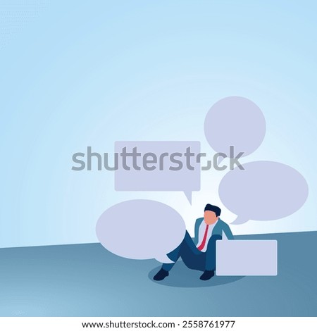 A man sits surrounded by chat bubbles. Illustration for bullying, violence and seniority.