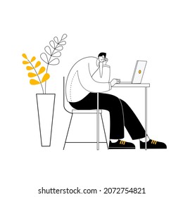 A man sits at a table among flowers and works at a computer. Vector illustration in outline style on the topic of computer work and freelancing.