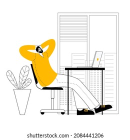 A man sits at a table among flowers and works at a computer. Vector illustration in outline style on the topic of computer work and freelancing.