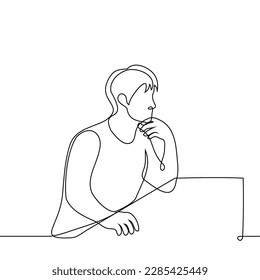man sits at a table or armchair propping up his chin with his hand - one line drawing vector. the concept of making a choice of drink or snack in a bar, meditate, brainstorm